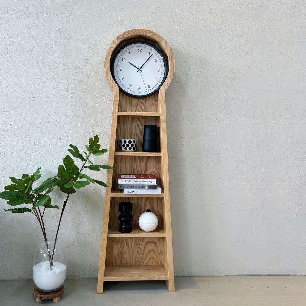 创意落地钟客厅现代实木书架置物架多功能机芯钟多层原木架展示架