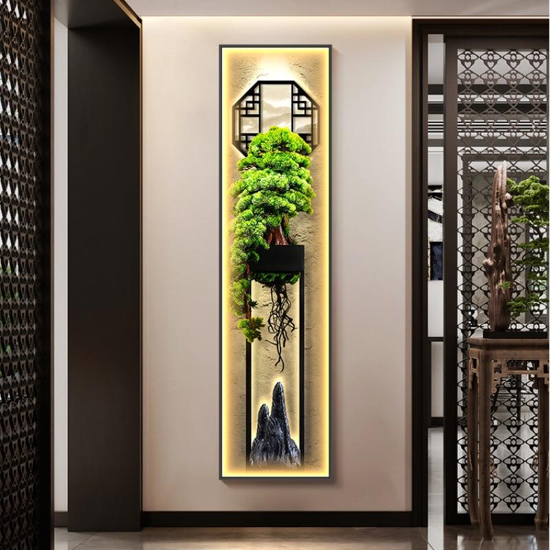 玄关装饰画窄细长条新中式迎客松入户门竖版挂画走廊过道带灯壁画