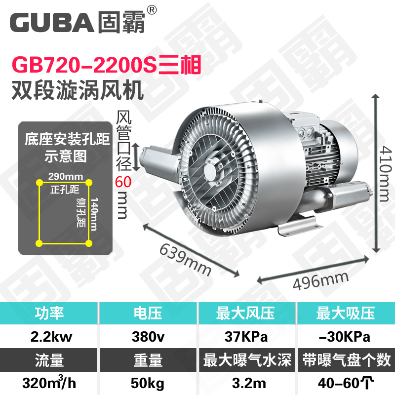 双段高压漩涡风机双级双叶轮w高压风机旋涡式气泵工业鼓风机大功