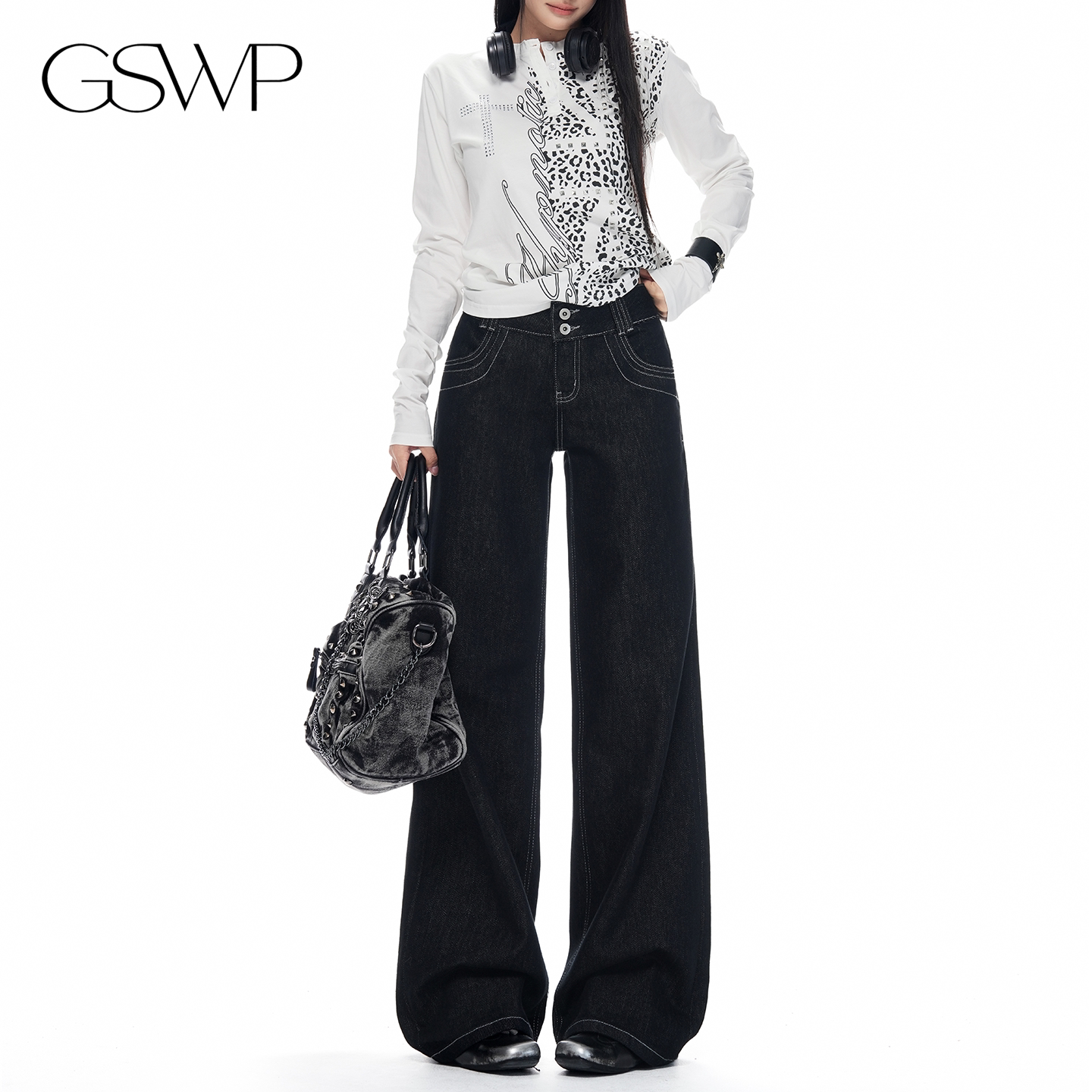 GSWP复古双扣低腰阔腿牛仔裤女宽松直筒垂感黑色长裤
