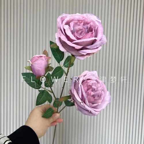 仿真奥斯汀玫瑰3头欧式复古烤边玫瑰花家居餐桌摆放 婚庆仿真花