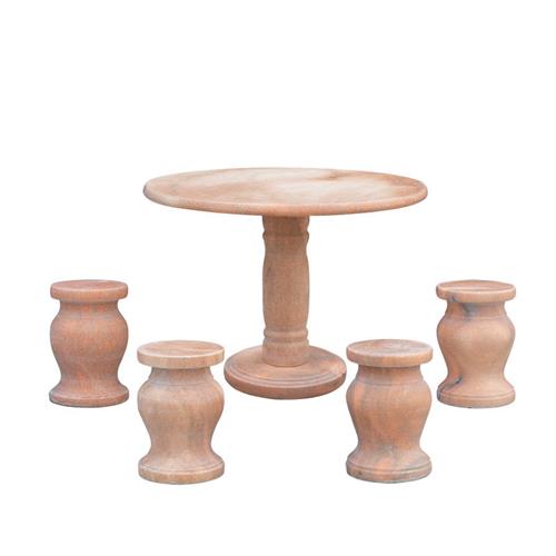 石桌石凳大理石晚霞红石材桌椅家居庭院棋台圆桌石雕摆件厂家