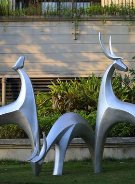 玻璃钢鹿雕塑摆件售楼处户外园林草坪仿铜抽象几何梅花鹿景观小品