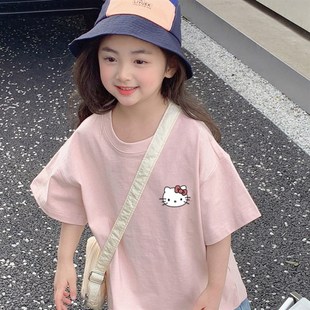 纯棉女童短袖 上衣 t恤夏季 可爱甜美kt猫印花卡通宽松圆领ins潮半袖