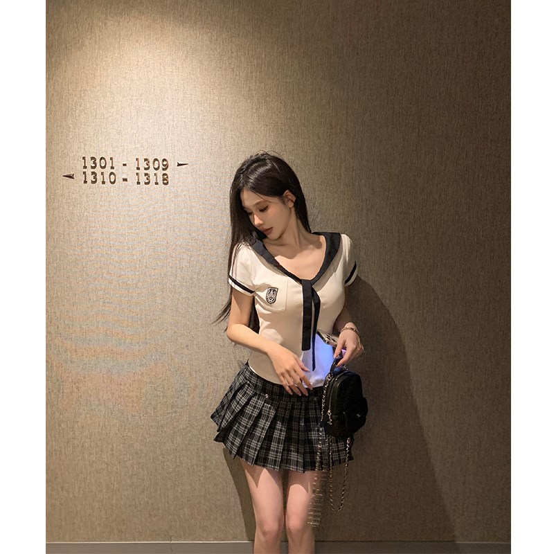 学院风jk制服套装白色短袖T恤上衣女装夏季高腰百褶半身裙两件套