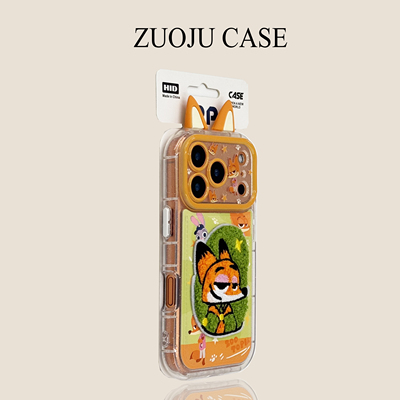 绿底皮纹刺绣尼克立体狐狸耳朵苹果17手机壳新款iphone17promax全包苹果16ProMax小众苹果15pro防摔女款14p套