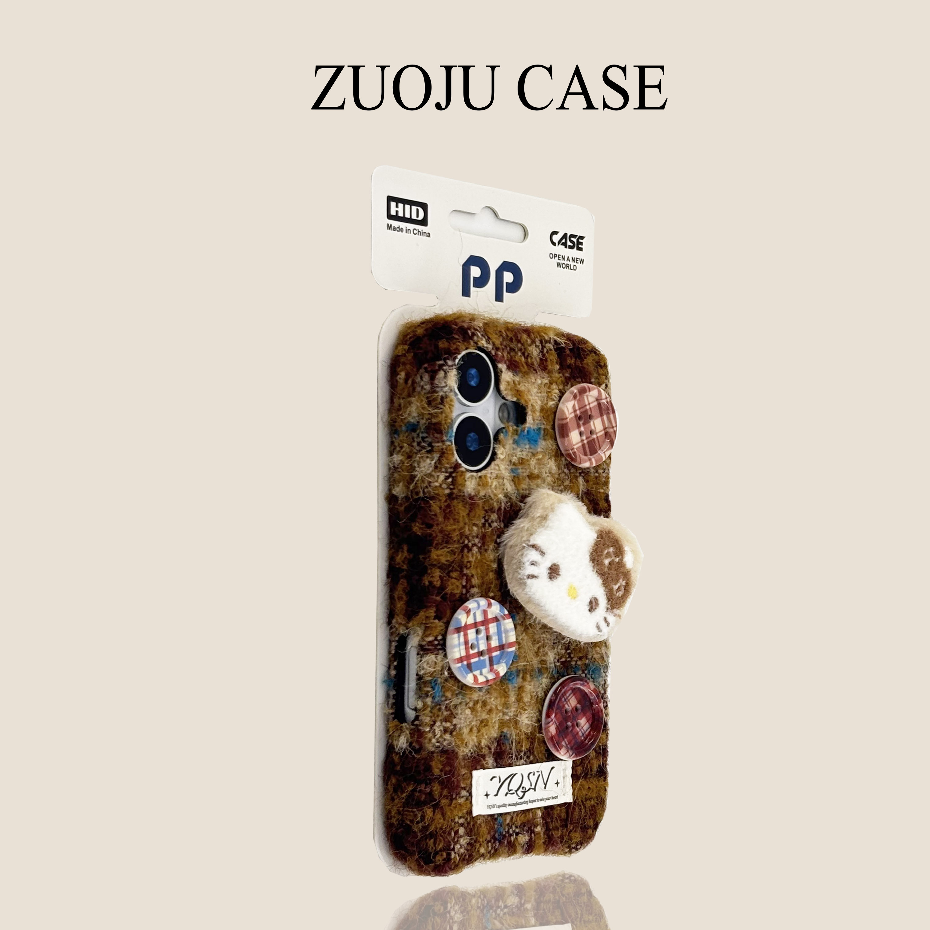 灰棕蓝格纹绒布标签纽扣KT猫适用苹果17手机壳新款iphone17promax秋冬全包苹果16promax苹果15pro防摔13女14