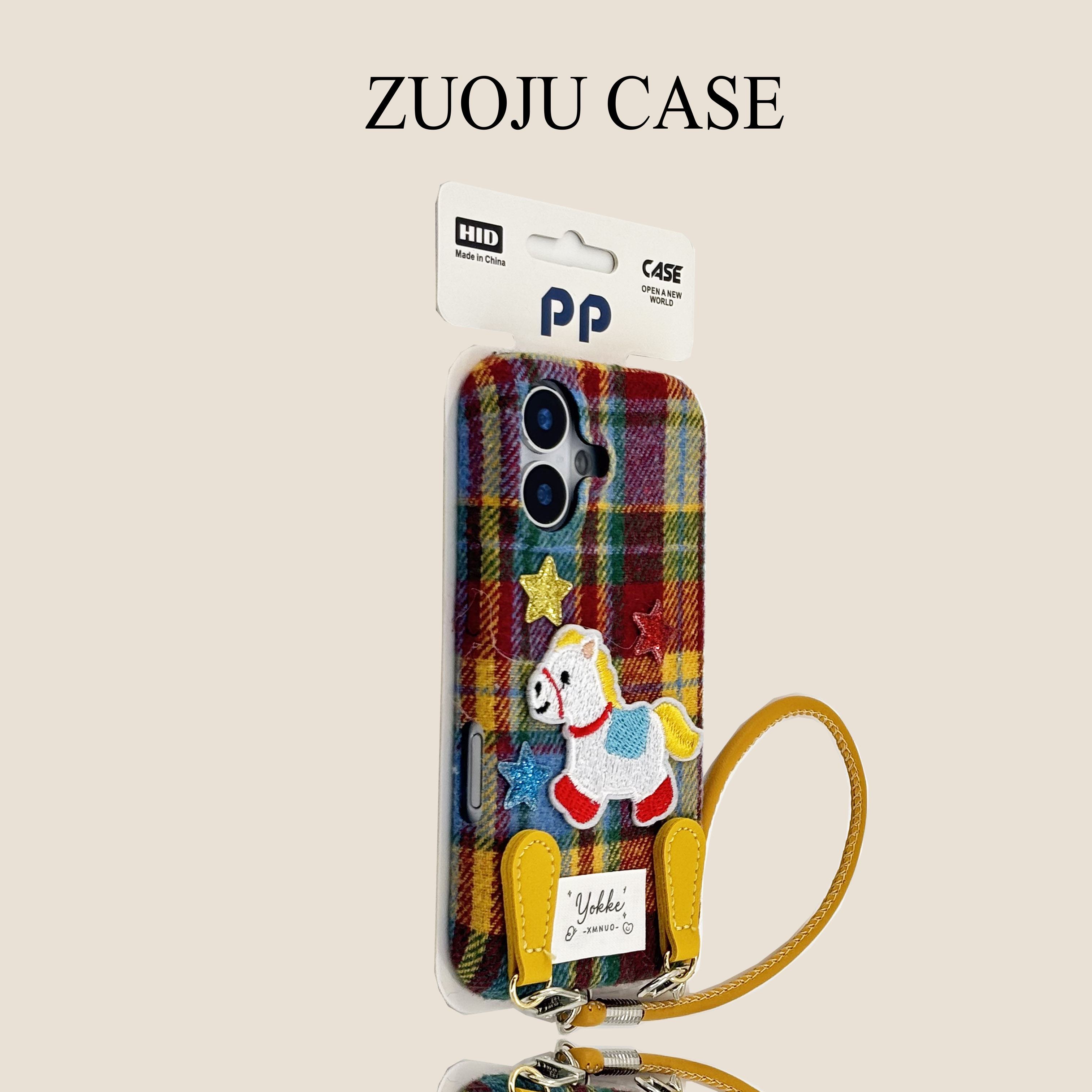 彩色格子标签星星小马挂绳适用苹果17手机壳新款iphone17promax秋冬毛绒布苹果16promax苹果15pro防摔13女14