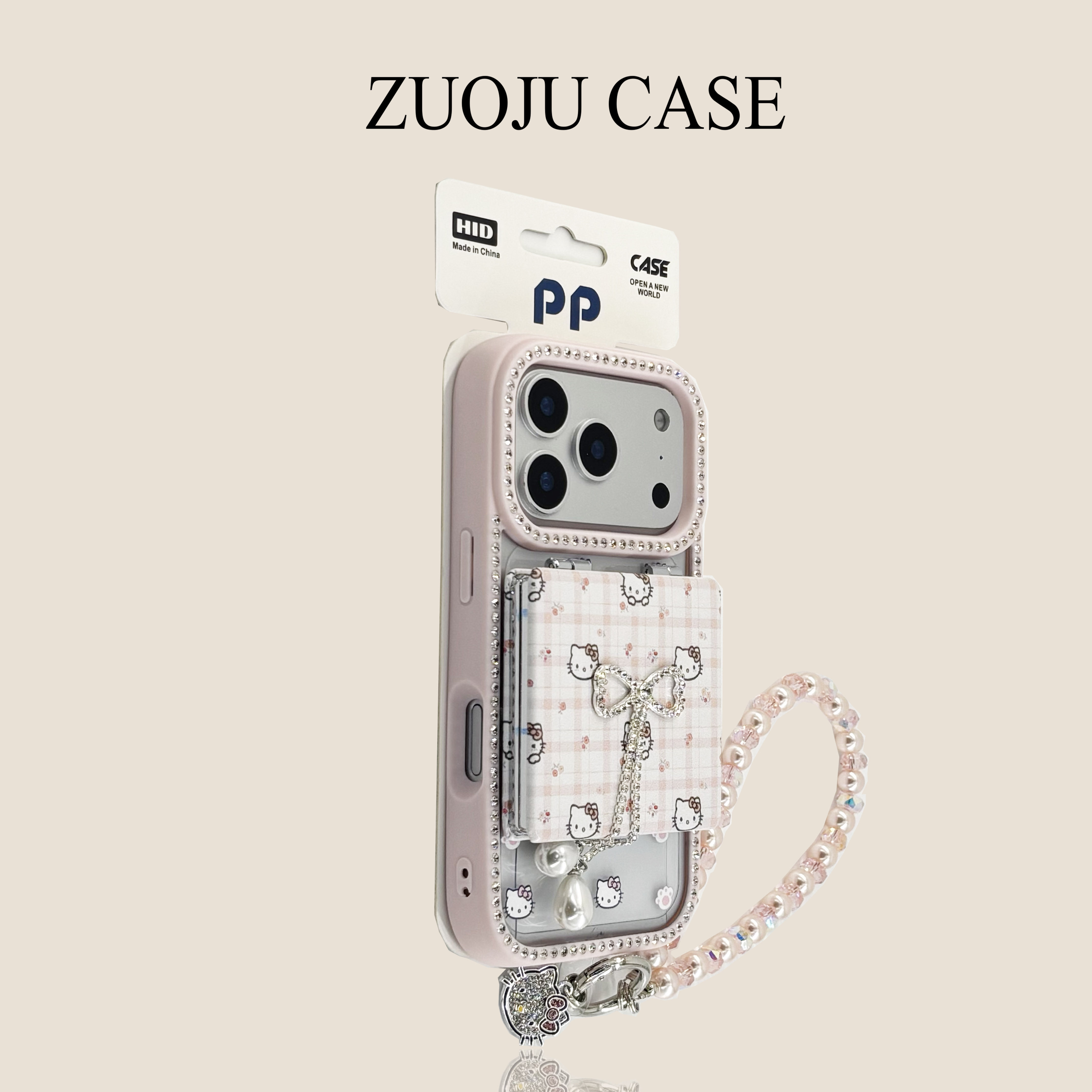 镶钻粉边KT猫格子蝴蝶结翻盖镜子适用苹果17手机壳新款iphon