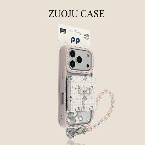 镶钻粉边KT猫格子蝴蝶结翻盖镜子适用苹果17手机壳新款iphone17promax全包苹果16ProMax苹果15pro防摔女14pro