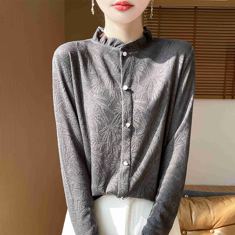 2026年新款木耳长袖上衣法式衬衫花边单穿打底百搭洋气小衫女上衣