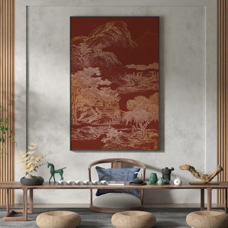 新中式装饰画客厅玄关壁画红色山水抽象肌理线S条艺术高级感挂画