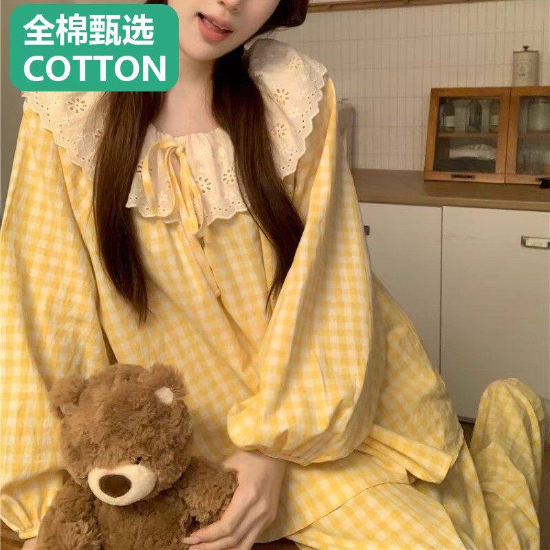 全棉母婴韩版ins风睡衣女春秋季长袖甜美花边格子休闲大码家居服