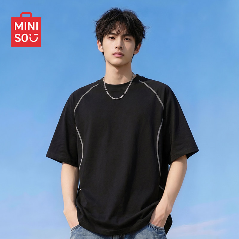 MINISO/名创优品圆领短袖t恤男夏季拼接明线运动风休闲潮牌半袖Y