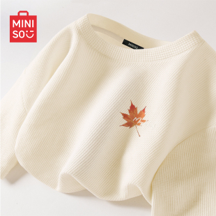 MINISO/名创优品浅米长袖t恤男2026新款春天枫叶华夫格重磅体恤A