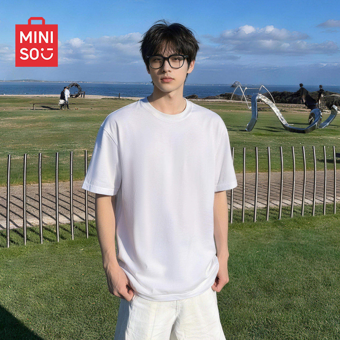 名创优品纯棉纯色短袖男生夏季2026新款重磅正肩宽松百搭白色t恤Y