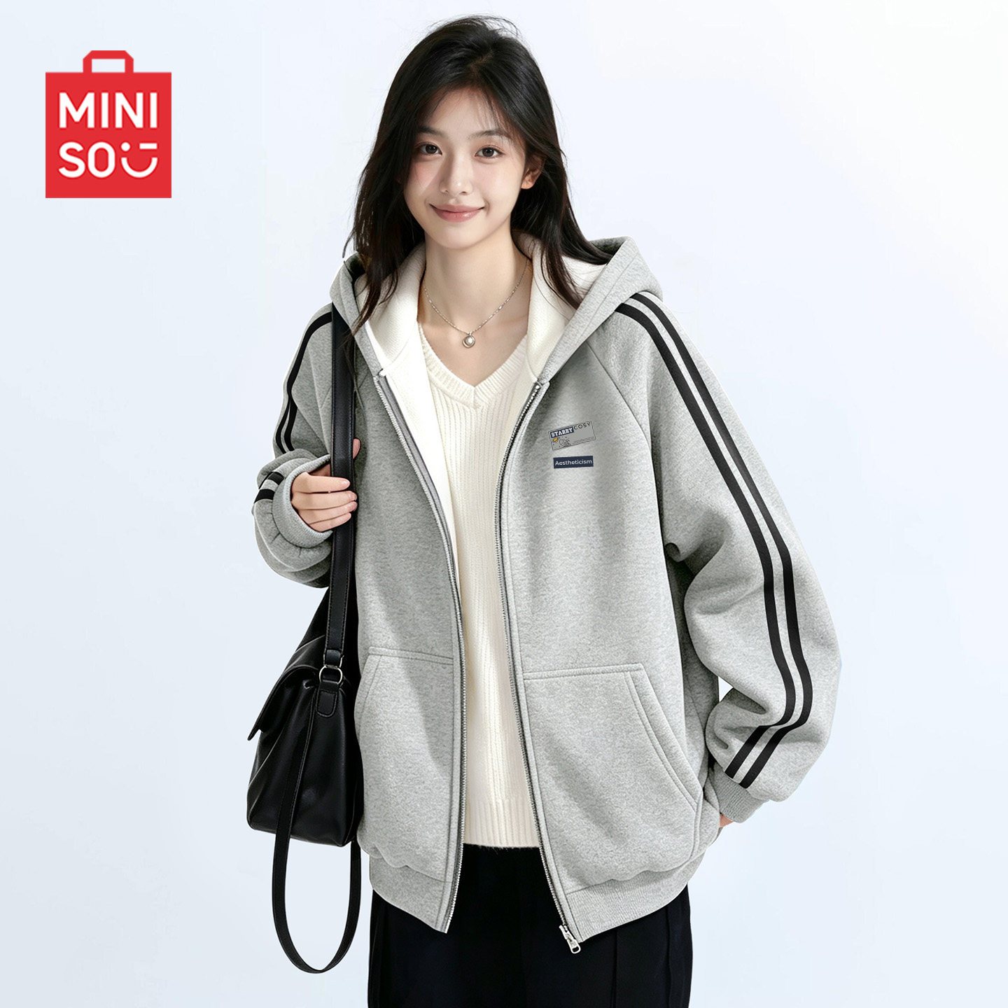 名创优品灰色卫衣外套女2026新款秋冬奥粒绒衣服小个子冬装女装D