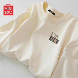 hiphop字母印花小领口打底衫 MINISO t恤男春季 长袖 名创优品美式