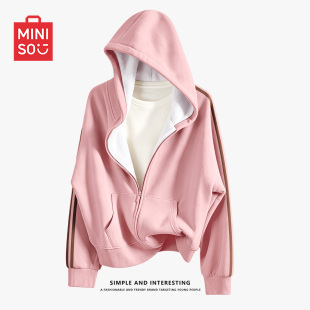 名创优品粉色卫衣外套女2026新款秋冬加绒加厚衣服胖mm大码女装D