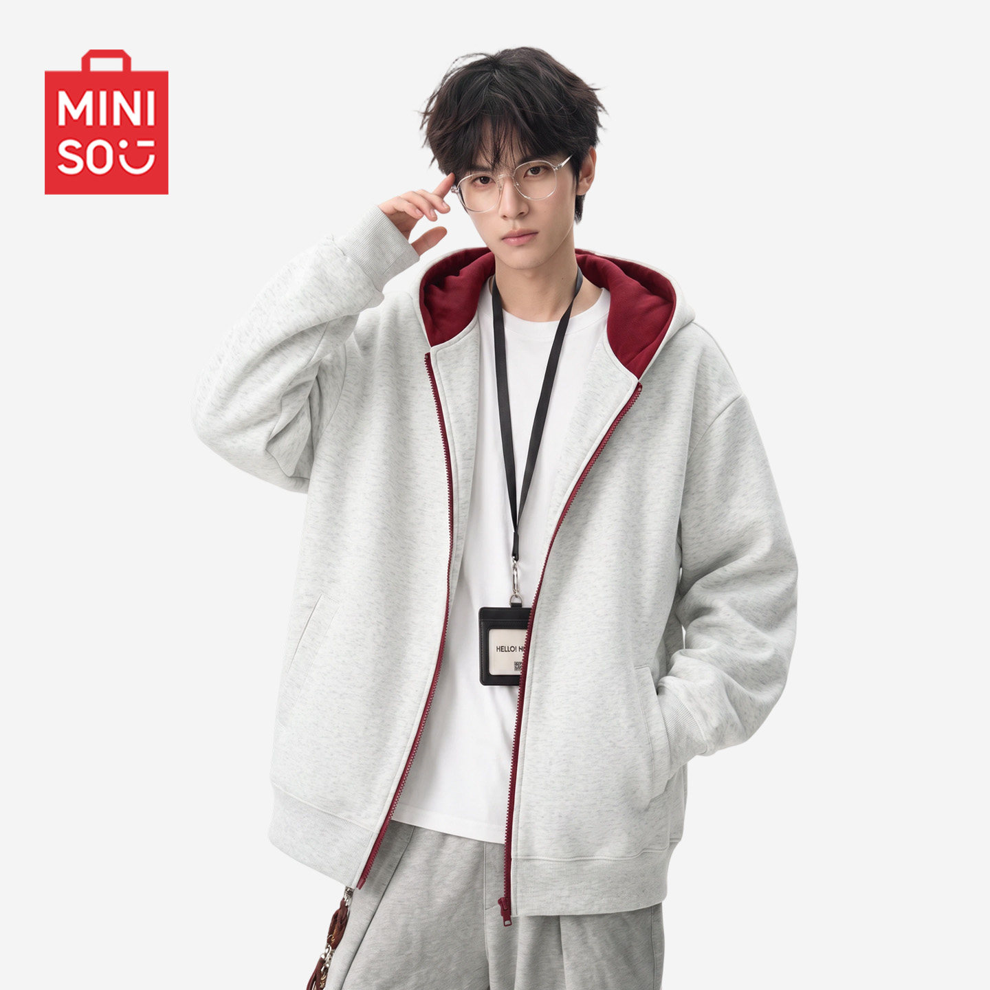 MINISO/名创优品撞色拼接开衫卫衣男款秋季连帽宽松运动休闲外套Y