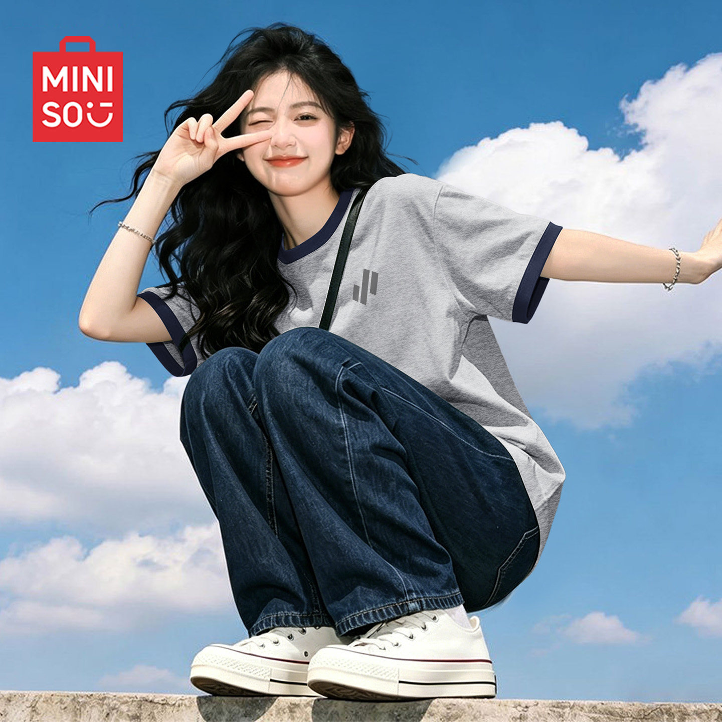 名创优品灰色短袖t恤女2026新款夏季撞色体恤衫女士显瘦宽松上衣D