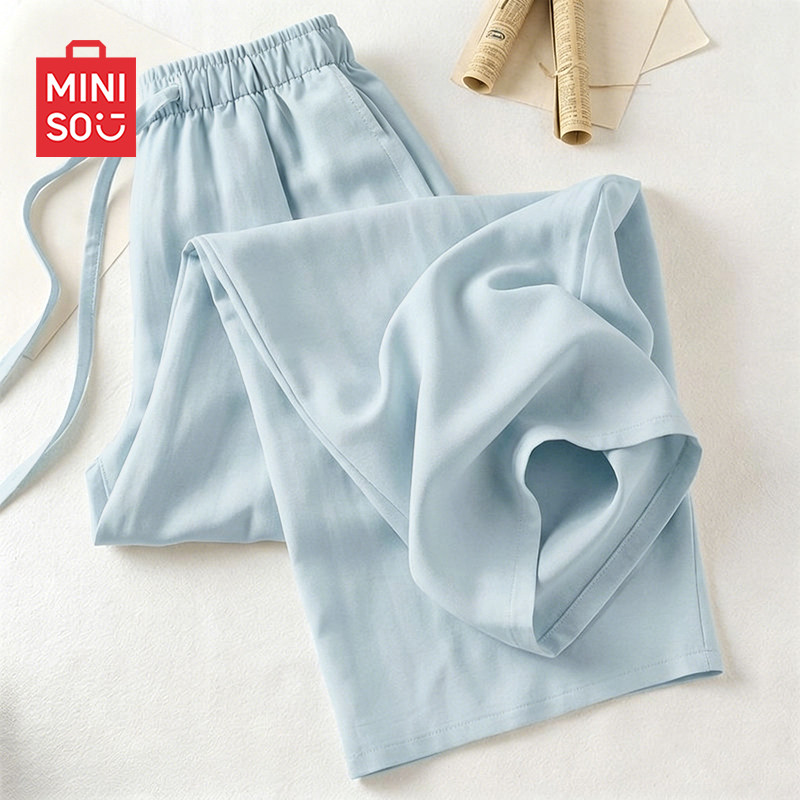 MINISO/名创优品蓝色裤子女夏薄款2026新款遛弯阔腿裤奶芙山本裤J - 实物图
