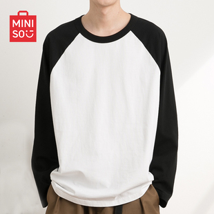 MINISO/名创优品纯色插肩长袖t恤男春秋撞色拼接黑白打底衫卫衣Y