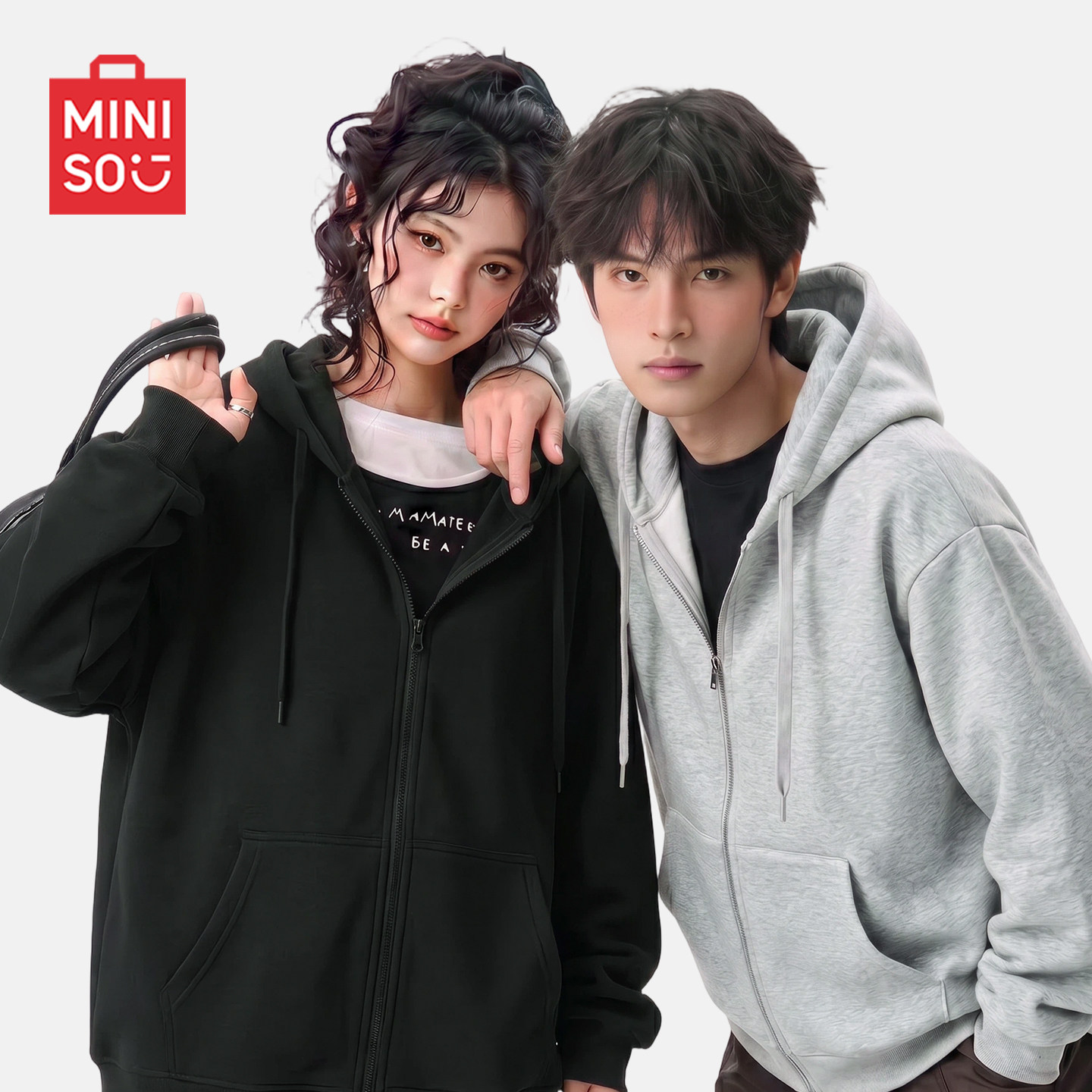 MINISO/名创优品情侣款美式开衫卫衣男秋季休闲百搭重磅连帽外套Y