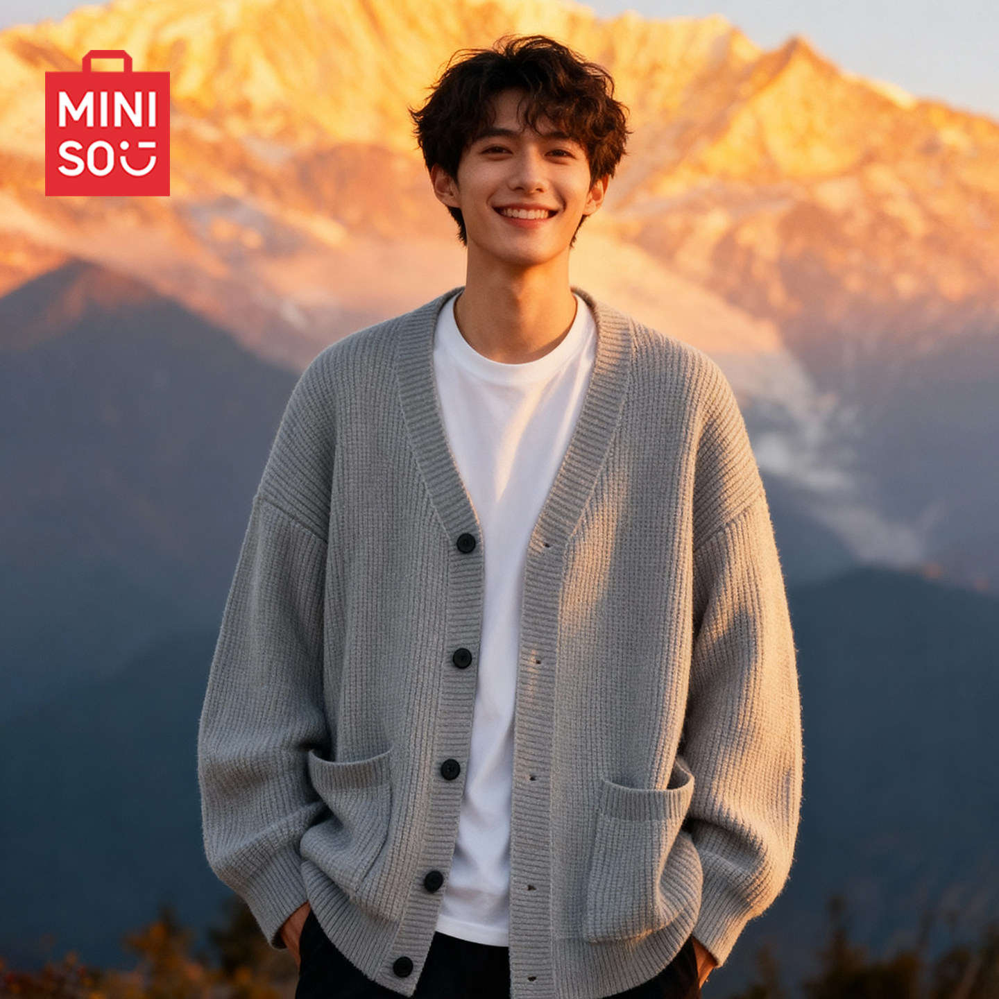 MINISO/名创优品V领针织衫毛衣男2025秋季新款复古休闲开