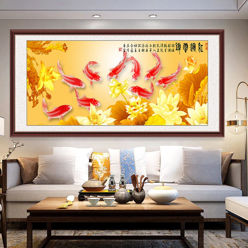 荷花九鱼聚财图国画墙贴客厅沙发背景墙装饰画中式招财自粘画定制图片