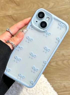 蓝小蝴蝶结新款适用苹果171615手机壳iPhone15promax12/11透明17pro