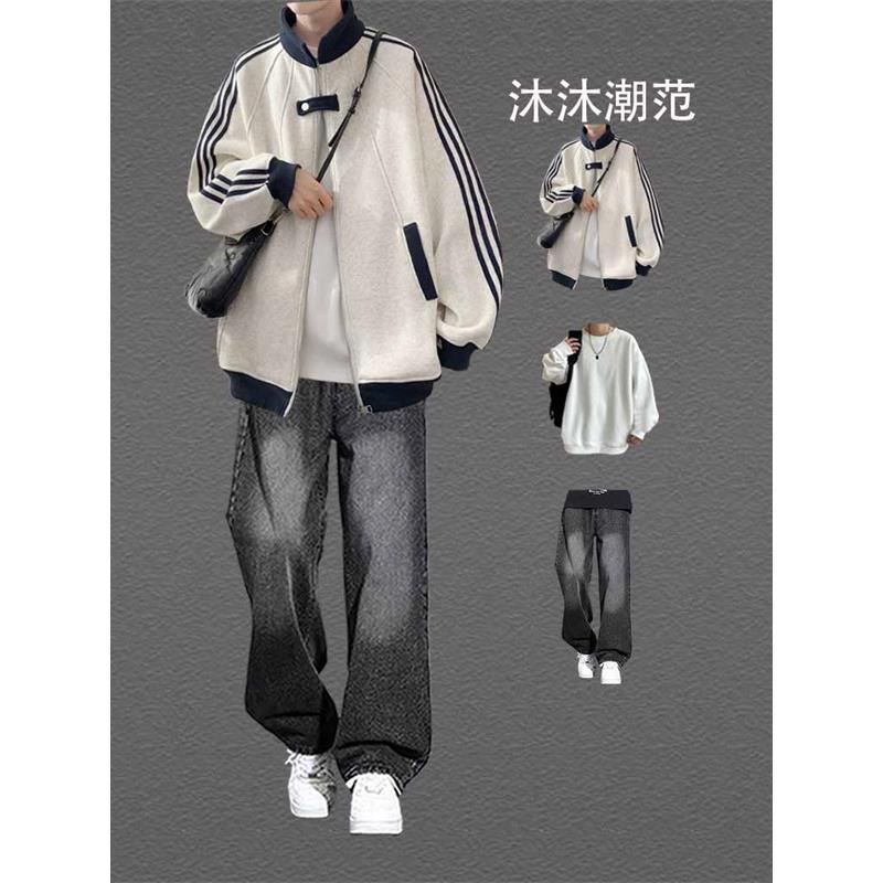 美式棒球服套装男秋季潮牌条纹运动夹克青少年拼接外套穿搭三件套