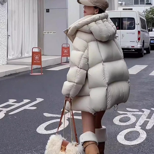 欧货泡芙羽绒服女2025冬季新款连帽中长款加厚白鸭绒保暖宽松外套