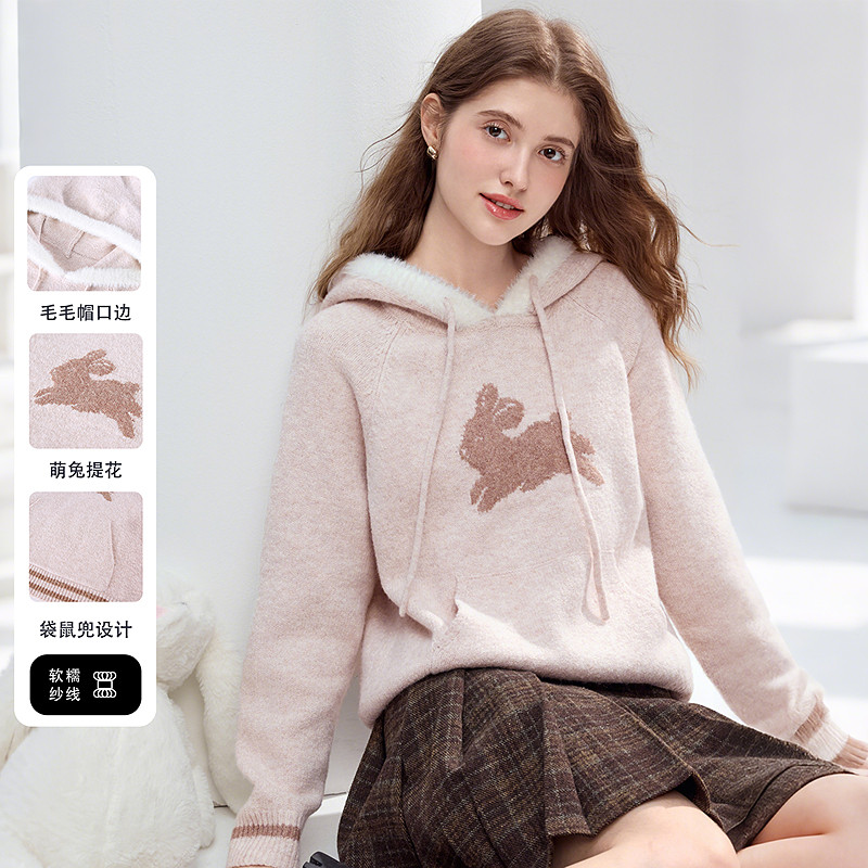 betu百图元气少女风减龄连帽毛衣女2025年冬季新款兔子插兜毛衫
