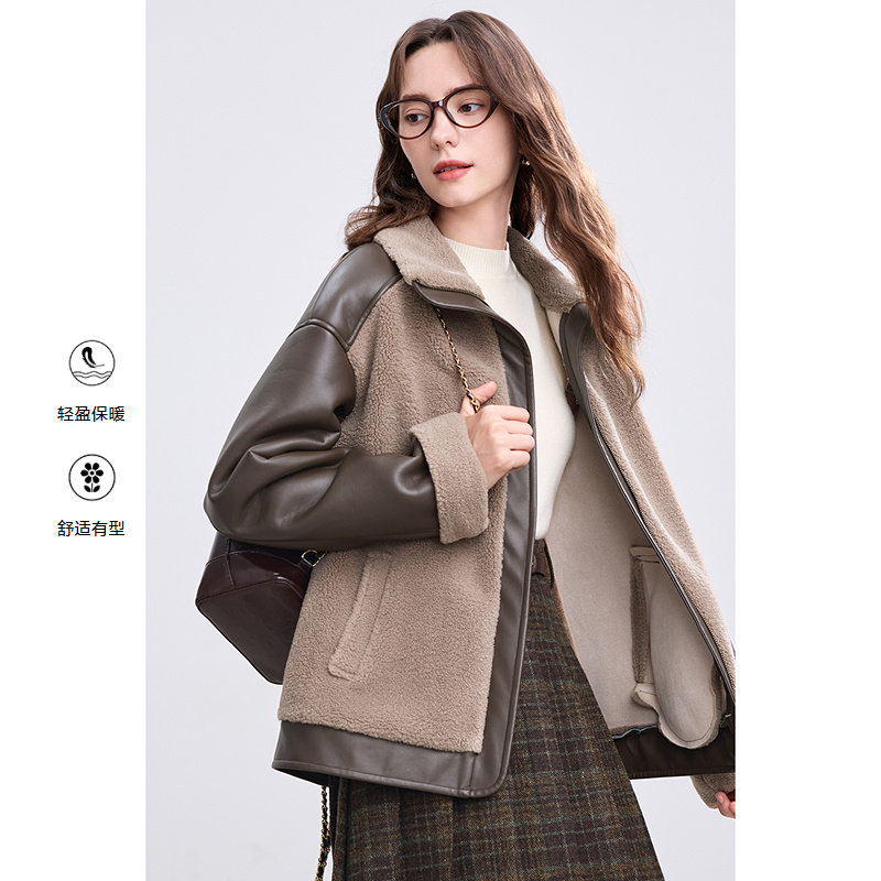 betu百图复古仿羊羔毛拼PU皮衣外套女2025年冬季新款机车服大衣
