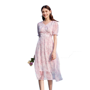 betu百图女装2026年夏季新款气质优雅碎花V领收腰显瘦连衣裙子