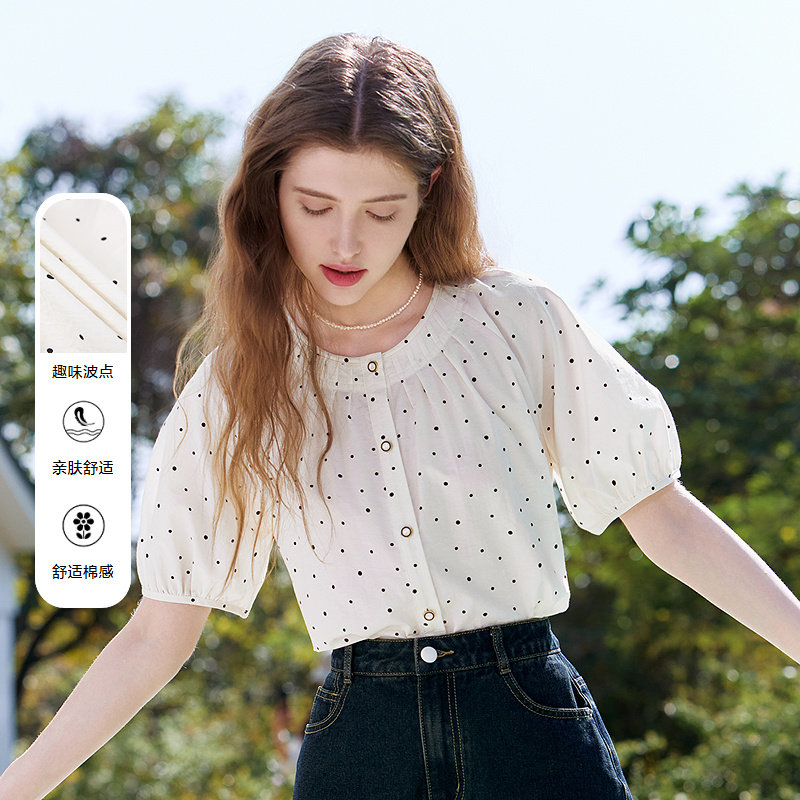 betu百图灯笼袖波点衬衫女短袖2026年夏季新款宽松圆领气质衬衣