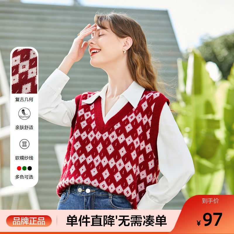 betu百图毛针织衫女复古条纹V领马甲毛衫背心2025年秋装新款