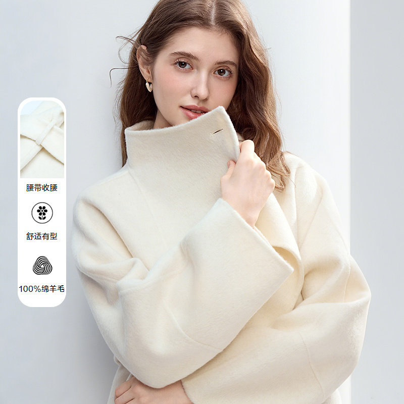 betu百图白色双面呢纯羊毛大衣女2025年冬季新款高级感毛呢外套图片