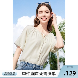 別致系帶法式 短袖 2025年夏季 雪紡襯衫 襯衣上衣 新款 betu百圖女裝
