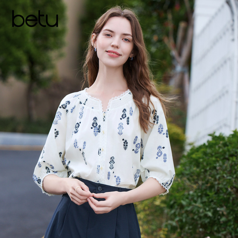 betu百图复古民族风印花圆领衬衣女2026年夏季新款中袖纯棉衬衫