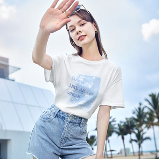 宽松圆领正肩体恤衫 新款 2025年夏季 betu百图白色印花T恤女短袖