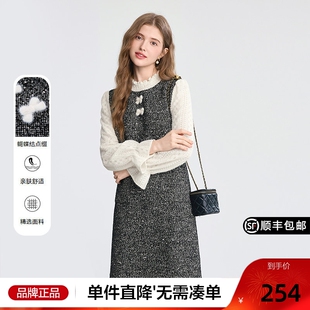 betu百图小香风蝴蝶结立领连衣裙2025年冬季新款法式毛呢直筒裙