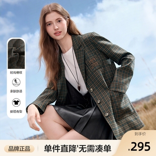 新款 外套女2025年秋季 新品 休闲西服 百图复古英伦风绿色格纹西装