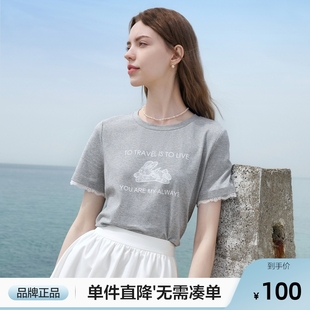 betu百图蕾丝边短袖 灰色T恤女2025年夏季 新款 宽松圆领上衣小衫