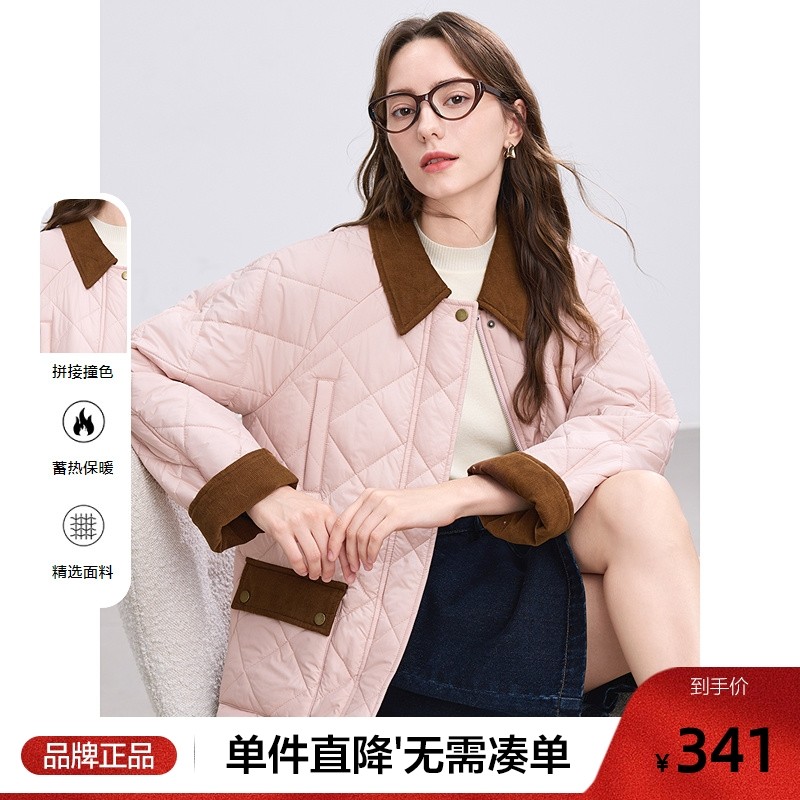 betu百图粉色稚气奶奶风菱格棉衣女2025年冬季新款加厚保暖棉服