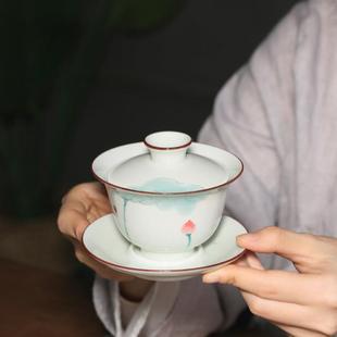 功夫茶具家用女士茶具 手绘荷花盖碗陶瓷三才泡茶碗新中式