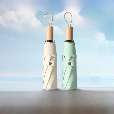 easily三折纯色黑胶upf50+防晒防紫外线高端木柄遮阳伞晴雨两用伞