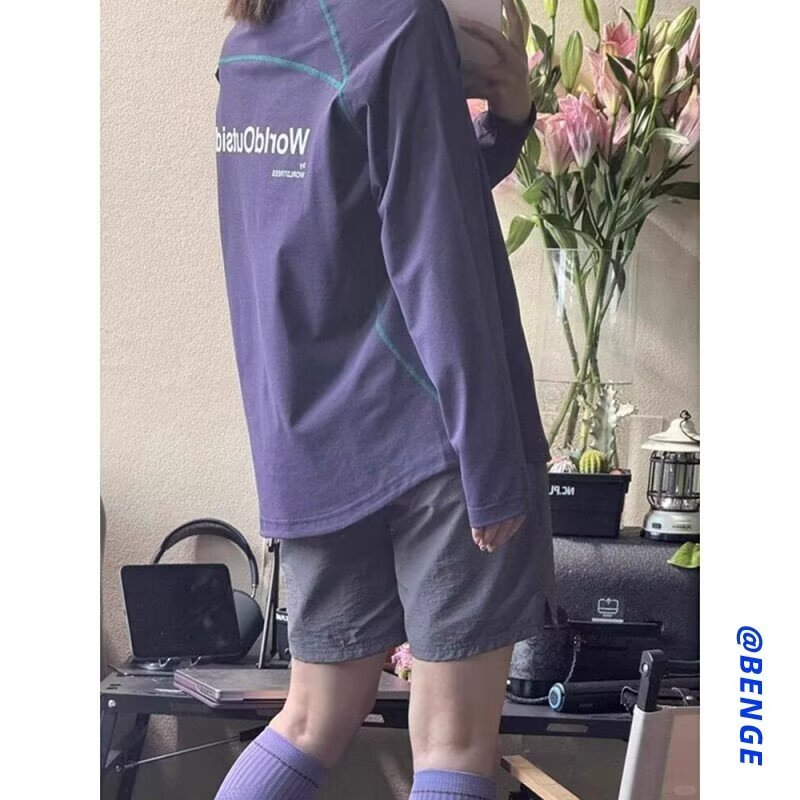 葡萄紫色速干运动套装女夏薄款网球服防晒长袖t恤骑行服漂流穿搭,男装T恤,星座513A