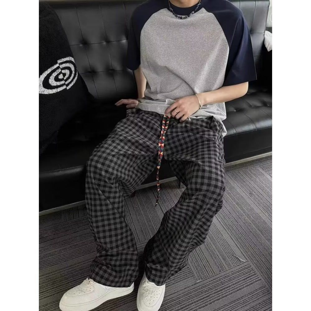 黑灰色格子裤日系复古慵懒休闲直筒裤513ACK2119P35,男装休闲裤,星座513A